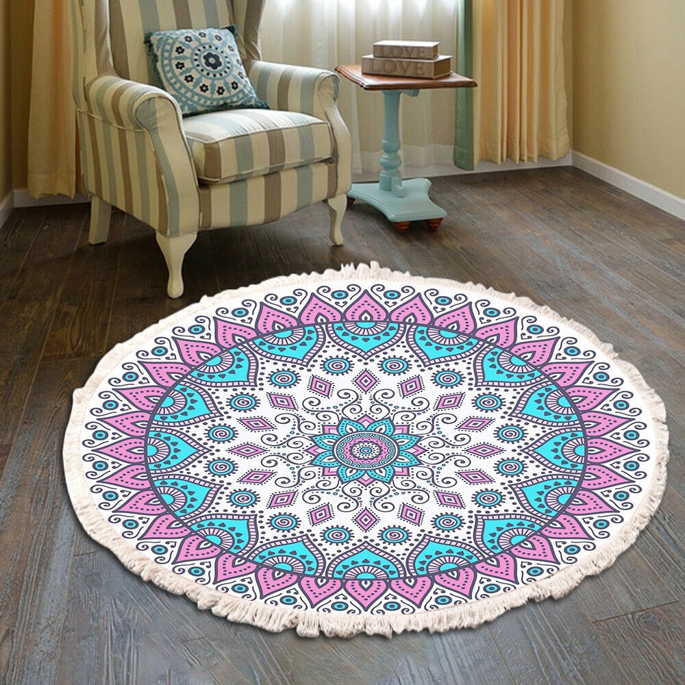 Bedside Mat - Fringe Print Round Rug - Casatrail.com