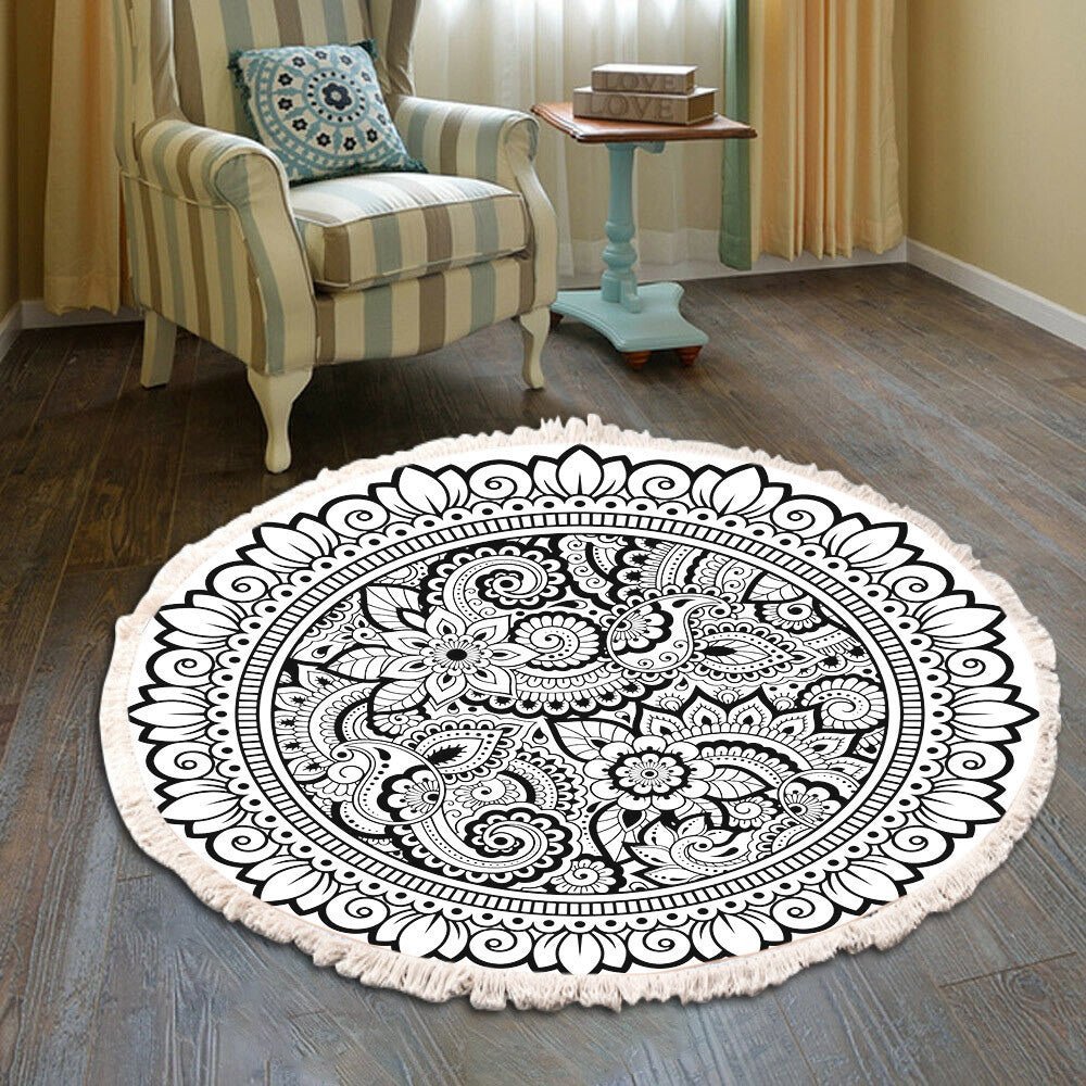 Bedside Mat - Fringe Print Round Rug - Casatrail.com