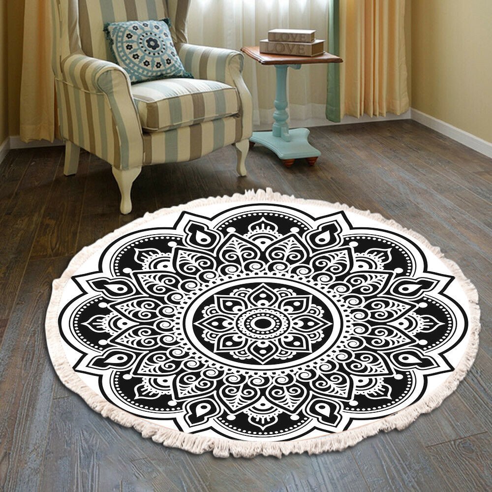 Bedside Mat - Fringe Print Round Rug - Casatrail.com