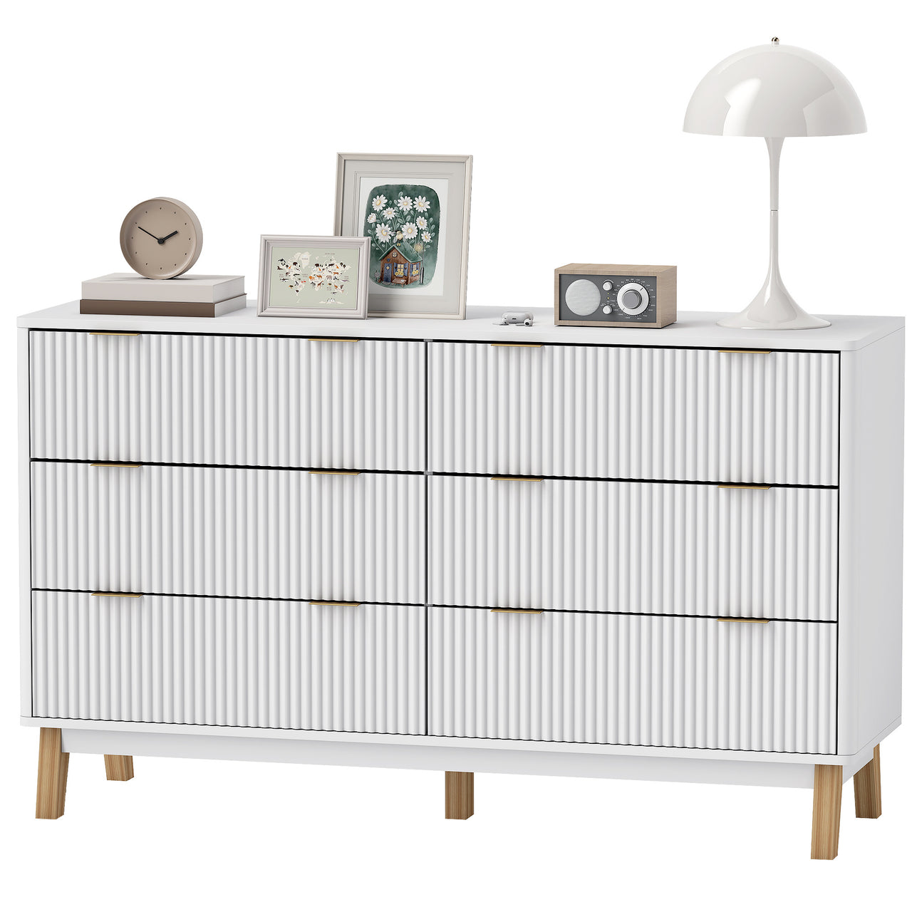 6 Drawer Fluted Chest Of Drawers With Gold Finger Pulls And 5 Wood Legs