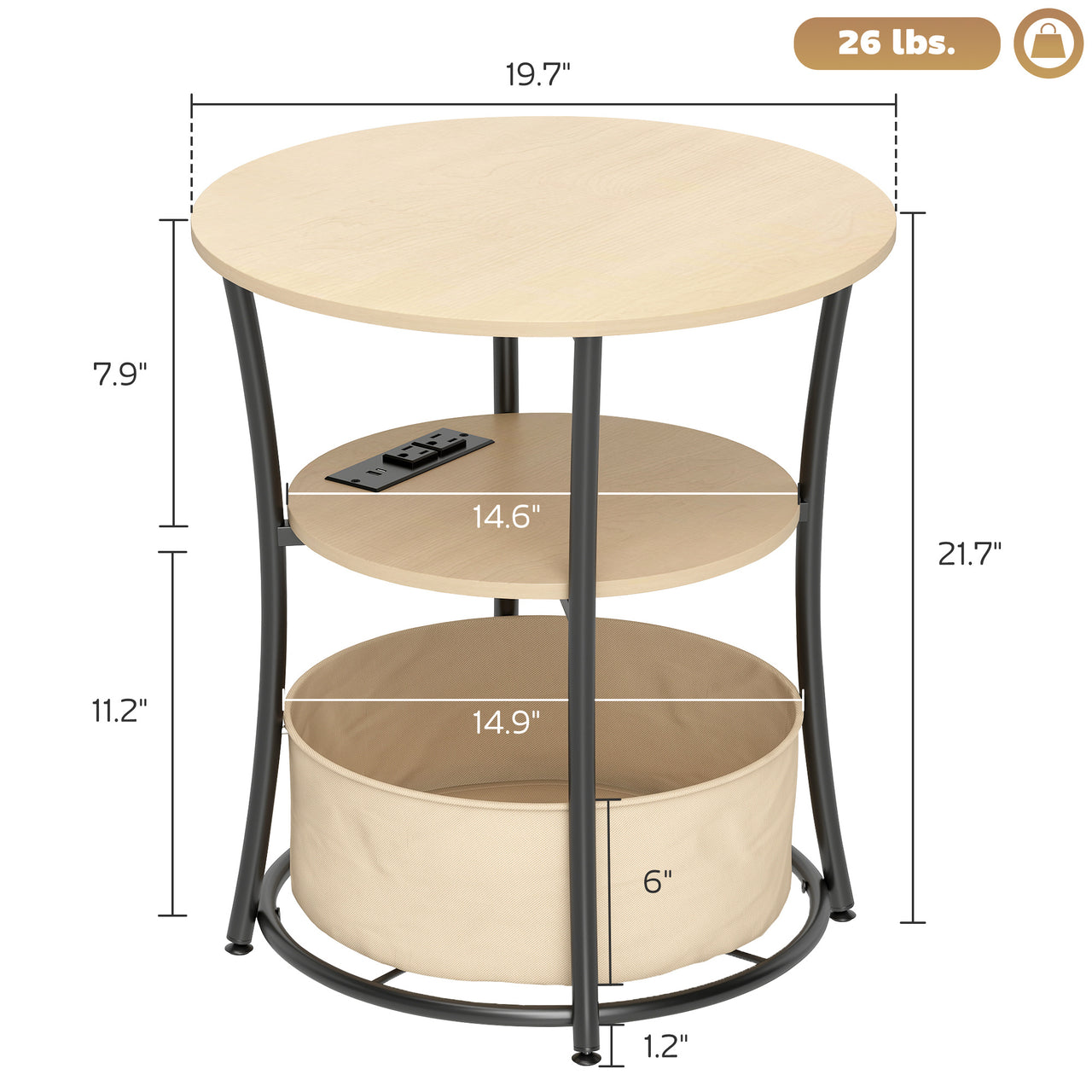 Round Side Table With Charging Station