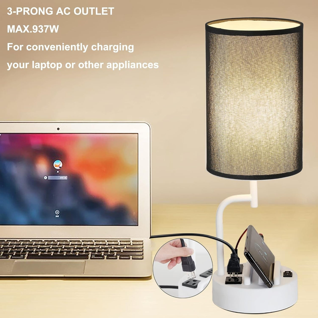 Table Lamp with 3 USB Charging Ports with AC Outlet