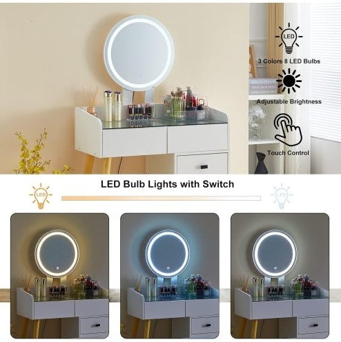Dressing Table With LED Lights & Extendable Side Table, Stool