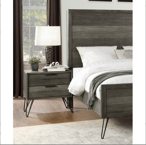Contemporary Three-Tone Gray Finish Nightstand Perched Atop Metal Legs Acacia Veneer Modern Bedroom Furniture