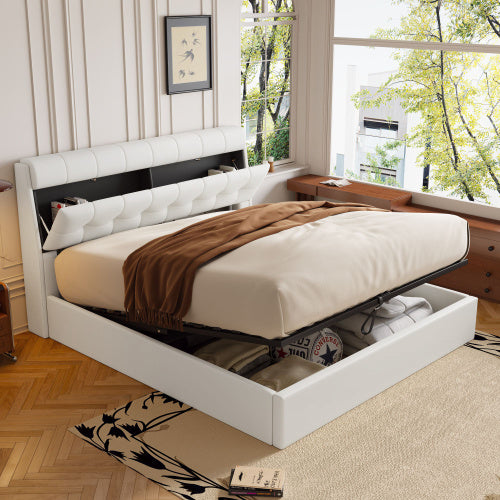 Fashion Upholstered King Hydraulic Bed with Concealed Headboard Storage, Bed Box With Slats And Headboard, Without Mattress