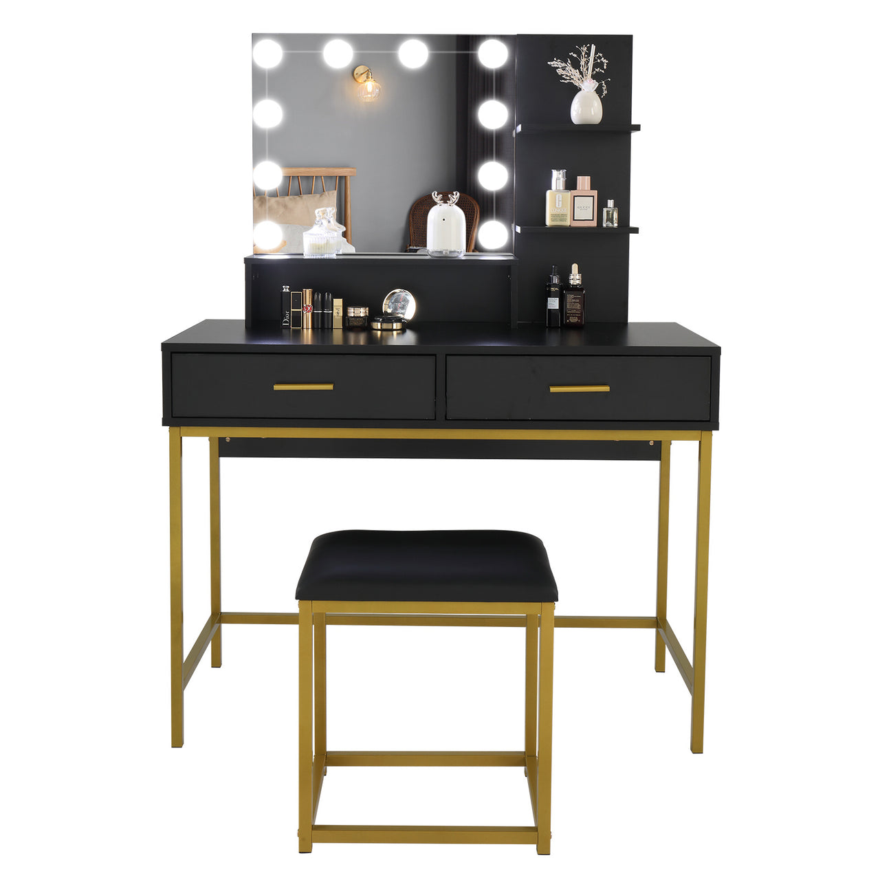 Black, Particleboard, Steel Frame, Two-drawer, Three-tier Shelf, Dressing Table Set