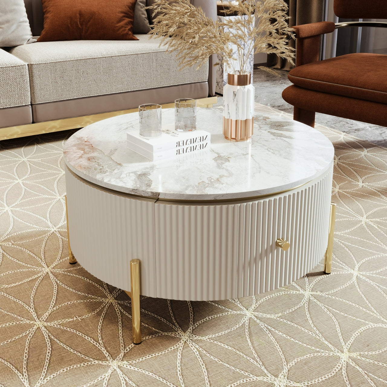 Modern Round Coffee Table With 2 Large Drawers Storage Accent Table