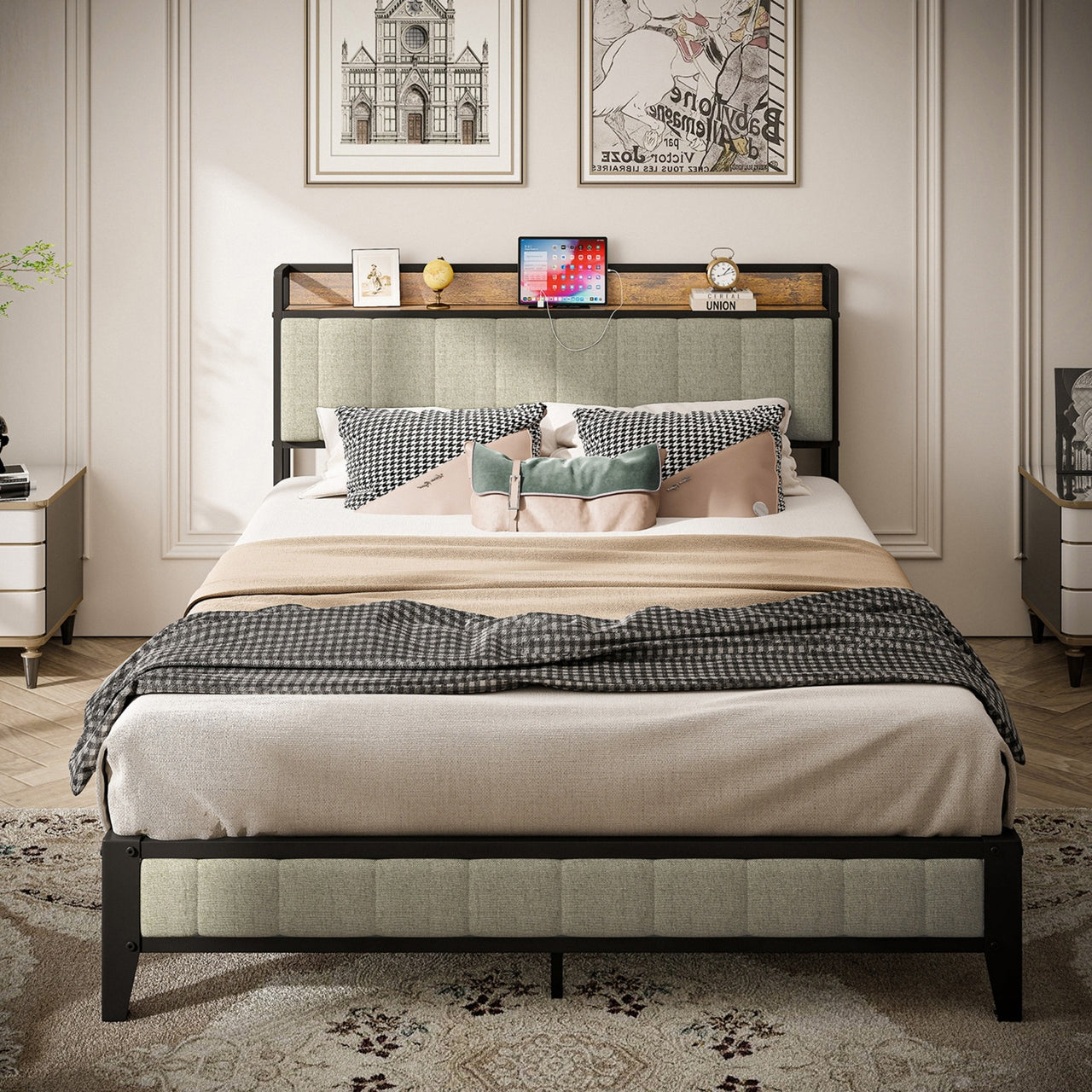 Queen Size Bed Frame With Charging Station & Upholstered Headboard
