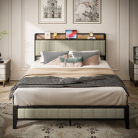 Thumbnail for Queen Size Bed Frame With Charging Station & Upholstered Headboard