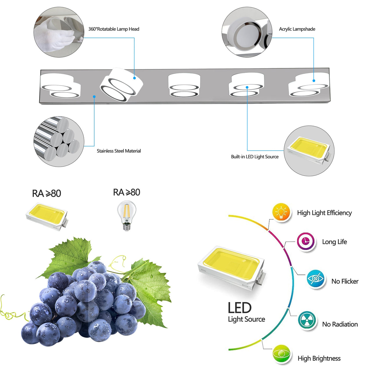 Modern 5-Light LED Vanity Light Fixture in Chrome Finish with Acrylic