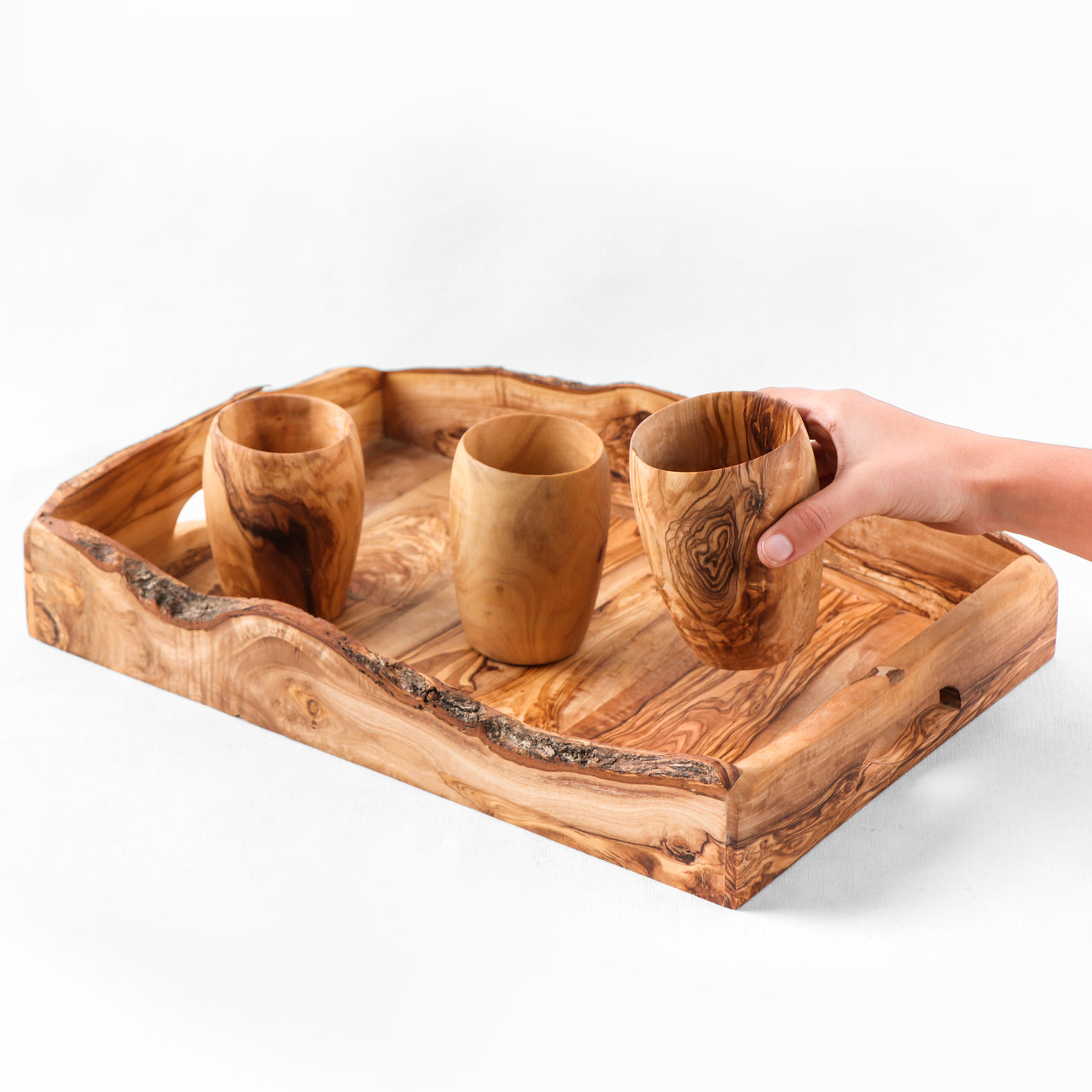 Handmade Olive Wood Rectangular Tray with Handles