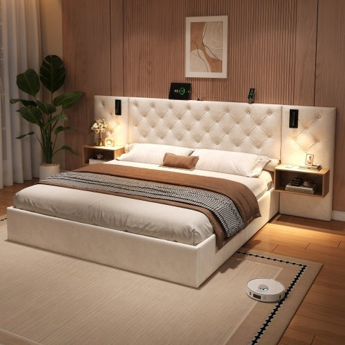 King Upholstered Velvet Hydraulic Storage Bed With Reading Light