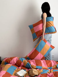 Thumbnail for Rainbow Checker Queen Duvet Cover Set With Pillowcases & Fitted Sheet