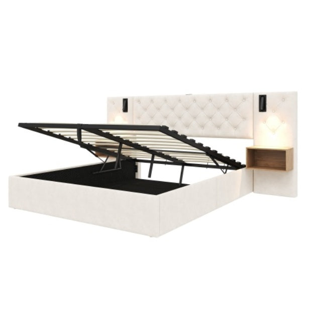 King Upholstered Velvet Hydraulic Storage Bed With Reading Light