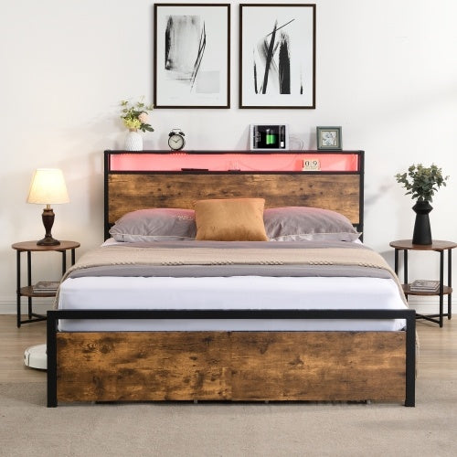 Queen Size Bed Frame With Storage Headboard And 2 Drawers & LED Lights Bed With Charging Station
