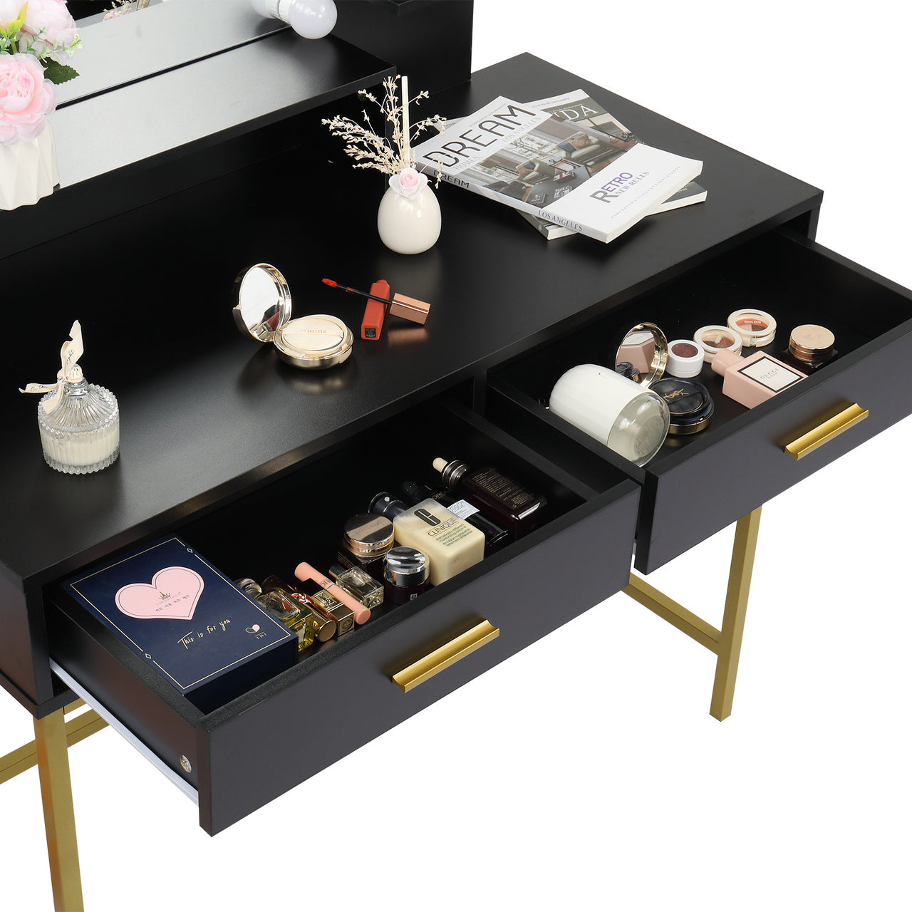 Black, Particleboard, Steel Frame, Two-drawer, Three-tier Shelf, Dressing Table Set