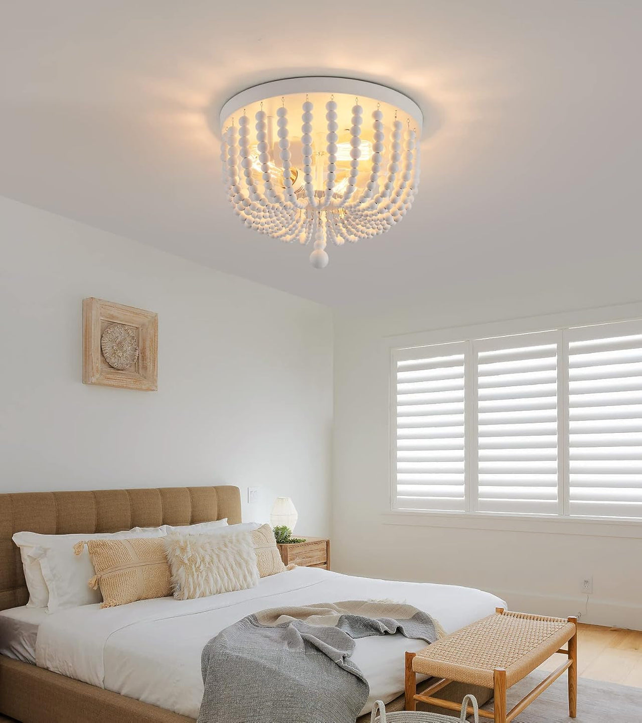 White Boho Beaded Flush Mount Ceiling Light