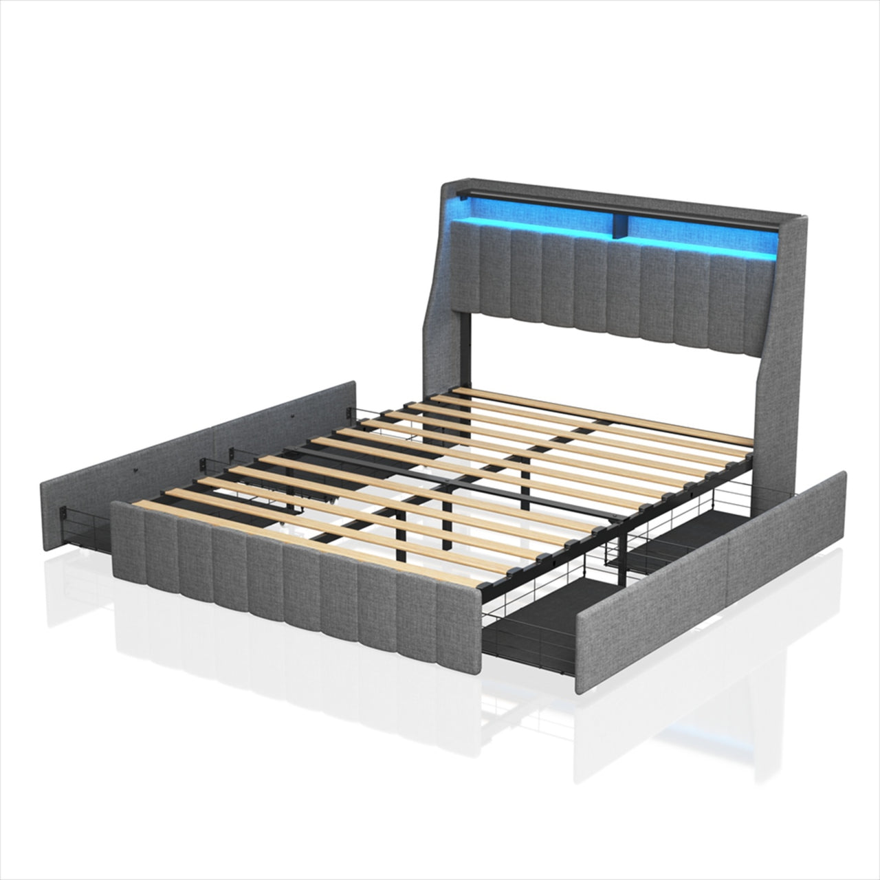 Queen Size Bed Frame With LED, Storage Drawers, Wings Headboard