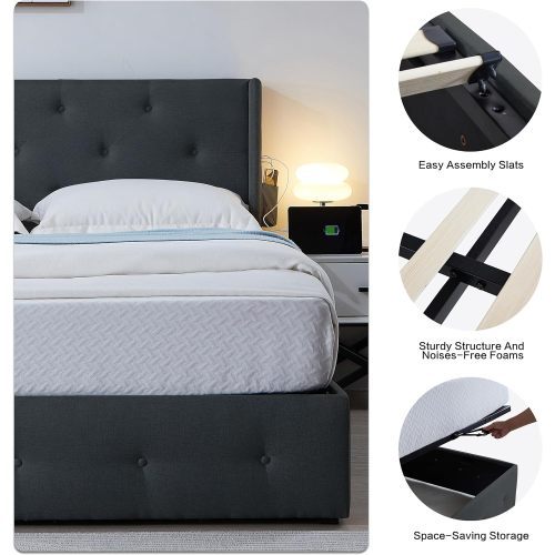 Queen Size Bed Frame With Lift Up Storage Bed & Modern Wingback Headboard