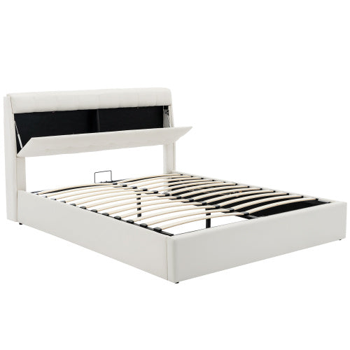 Fashion Upholstered King Hydraulic Bed with Concealed Headboard Storage, Bed Box With Slats And Headboard, Without Mattress