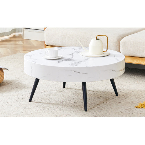 White Marble-Patterned MDF Round Coffee Table With Black Metal Legs