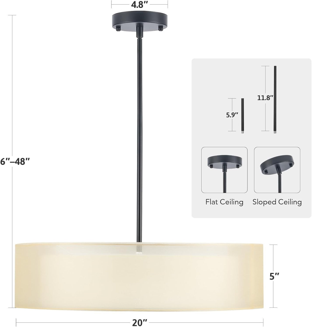 Black Drum Pendant Light 3-Light Fabric