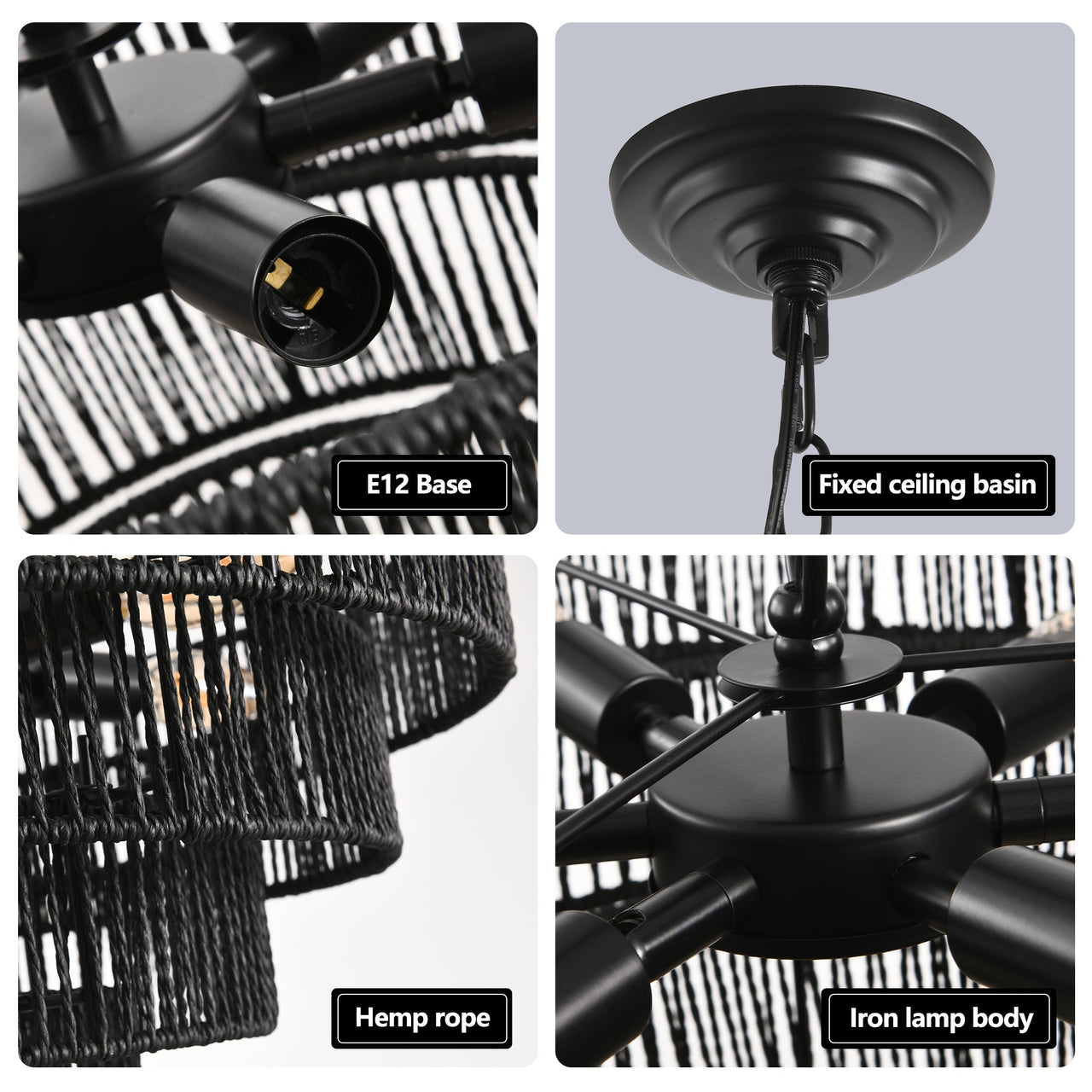 Rustic 5-Tier Black Hemp Rope Chandelier with 8 E12 Sockets