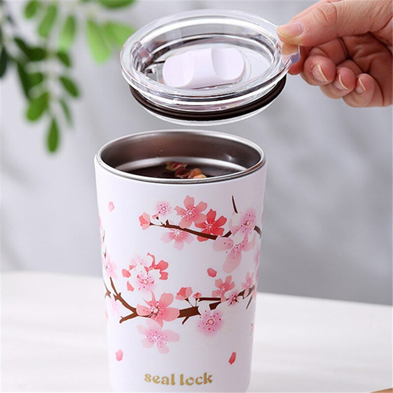 Stainless Steel Cherry Blossom Thermal Mug With Lid - Casatrail.com