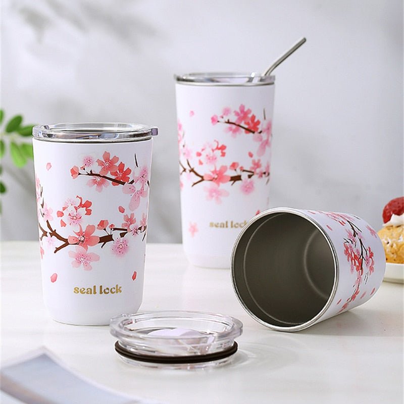Stainless Steel Cherry Blossom Thermal Mug With Lid - Casatrail.com