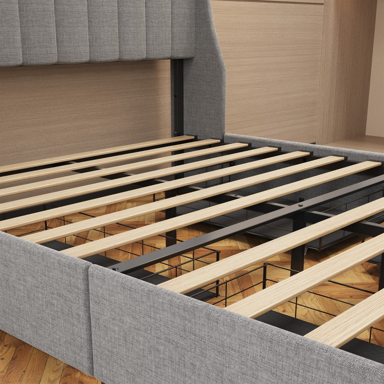 Queen Size Bed Frame With LED, Storage Drawers, Wings Headboard