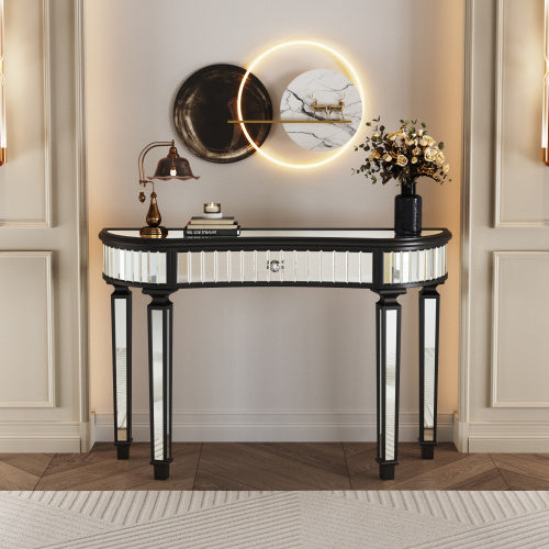 47 Half Moon Mirrored Console Table With Fluted Glass