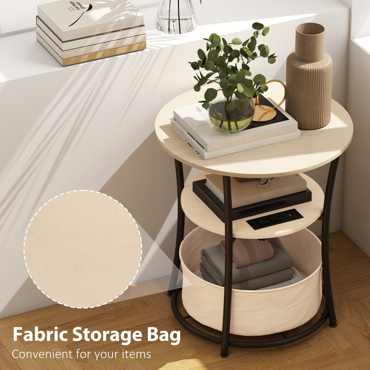 Round Side Table With Charging Station