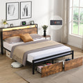 Queen Size Bed Frame With Storage Headboard And 2 Drawers & LED Lights Bed With Charging Station