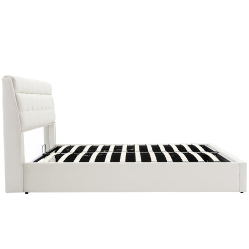 Fashion Upholstered King Hydraulic Bed with Concealed Headboard Storage,  Bed Box With Slats And Headboard,  Without Mattress