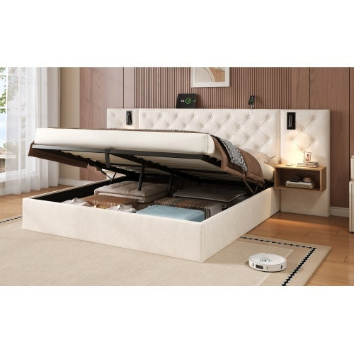 King Upholstered Velvet Hydraulic Storage Bed With Reading Light