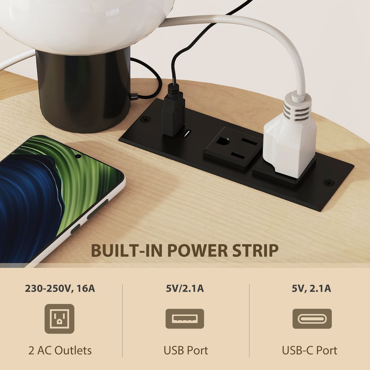 Round Side Table With Charging Station