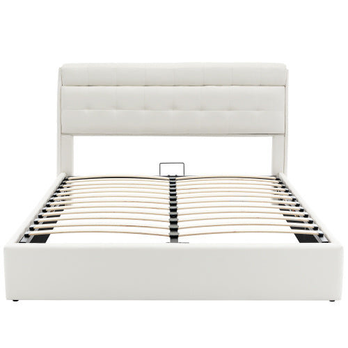 Fashion Upholstered King Hydraulic Bed with Concealed Headboard Storage,  Bed Box With Slats And Headboard,  Without Mattress