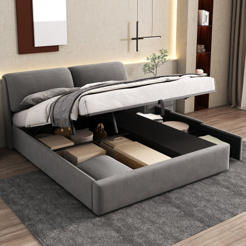 Upholstered King Size Hydraulic Bed with Three Drawers, Bed Box For Storage & Slatted Frame With Headboard, Without Mattress
