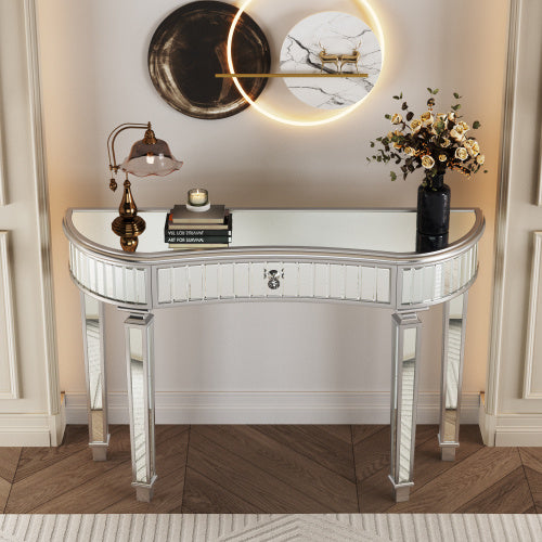 47 Half Moon Mirrored Console Table With Fluted Glass
