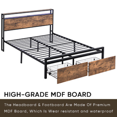 Queen Size Bed Frame With Storage Headboard And 2 Drawers & LED Lights Bed With Charging Station