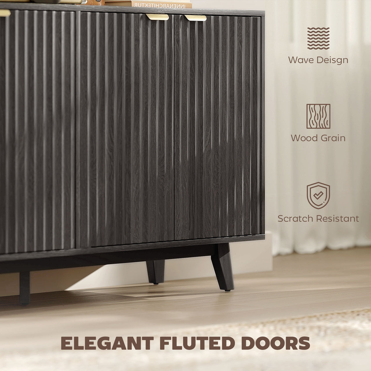 Fluted Sideboard Buffet Cabinet With 4 Doors, 2 Adjustable Shelves, 5 Wood Legs