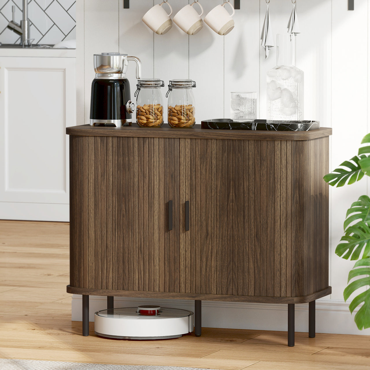 35.4 Sideboard Buffet Cabinet With Storage With Slatted Tambour Doors And Metal Legs