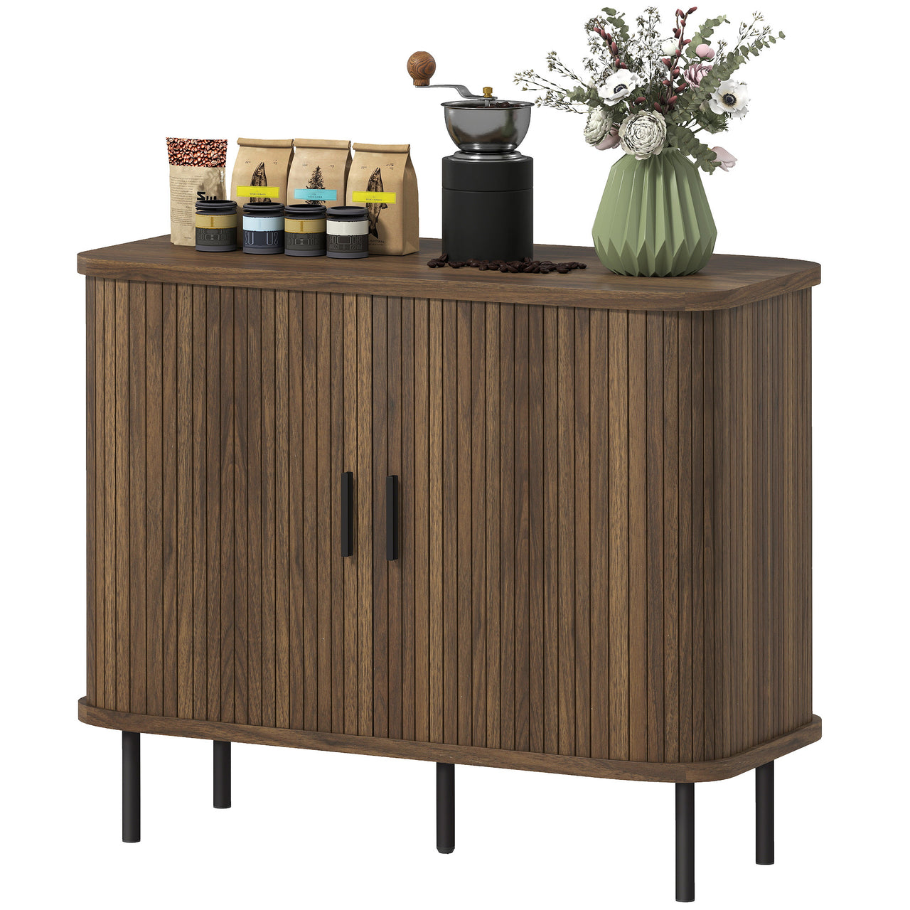 35.4 Sideboard Buffet Cabinet With Storage With Slatted Tambour Doors And Metal Legs