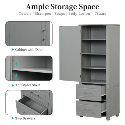 Tall Freestanding Storage Cabinet With Two Drawers And Adjustable Shelf