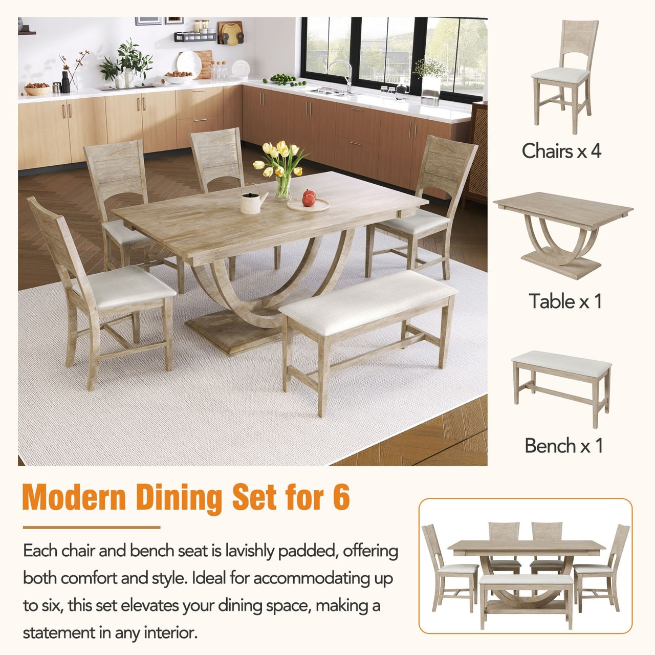 6-Piece Wood Half Round Dining Table Set With Long Bench & 4 Chairs