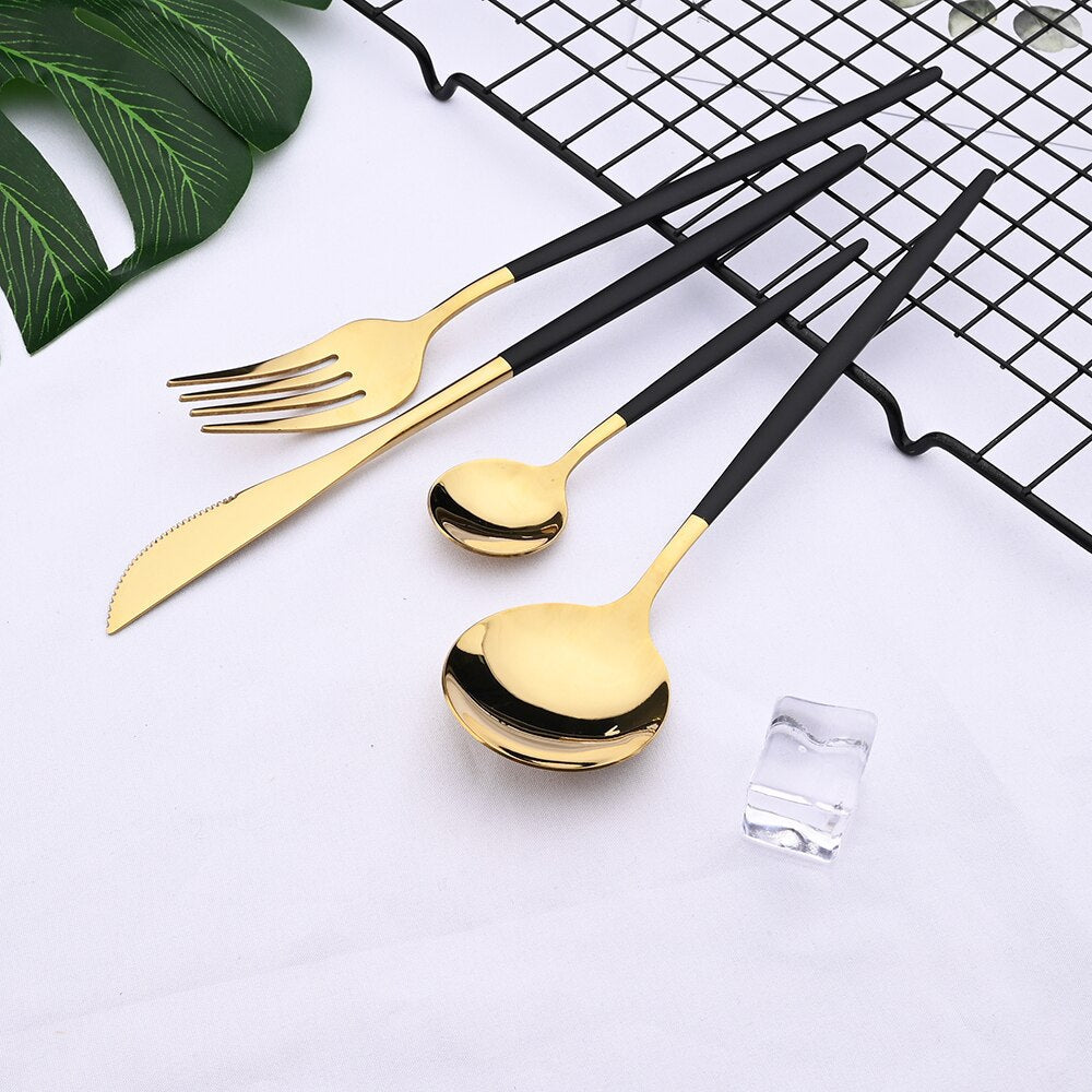 24pcs Black Gold Stainless Steel Dinnerware Set - Casatrail.com