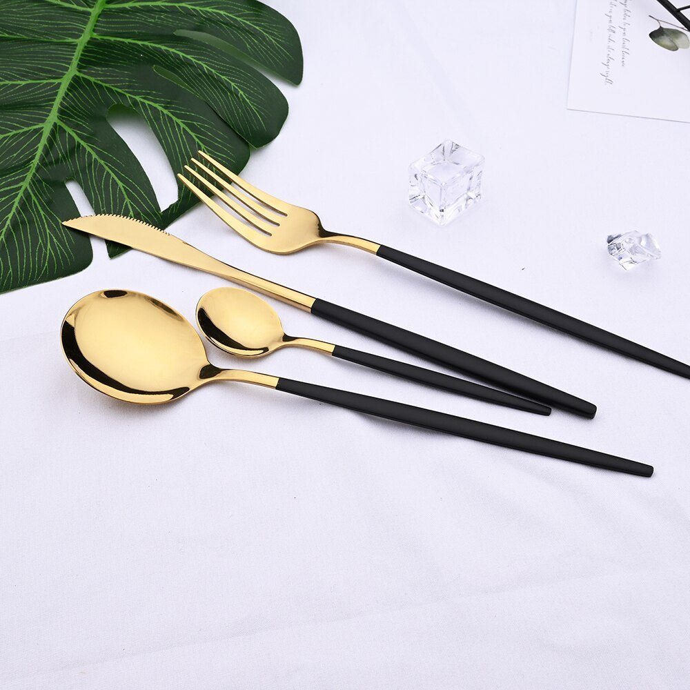 24pcs Black Gold Stainless Steel Dinnerware Set - Casatrail.com