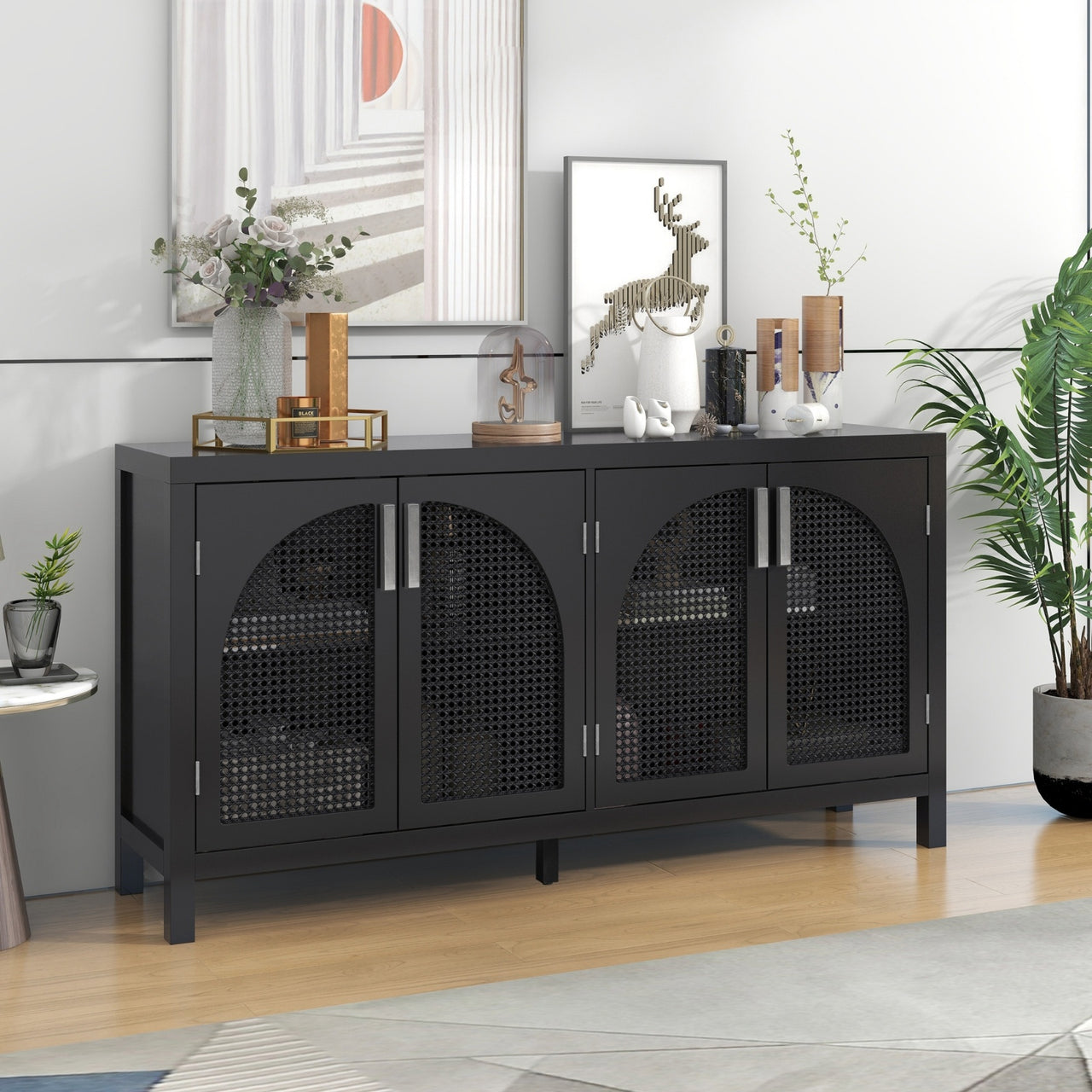 Sideboard With Rattan Door & Metal Handles For Living Room