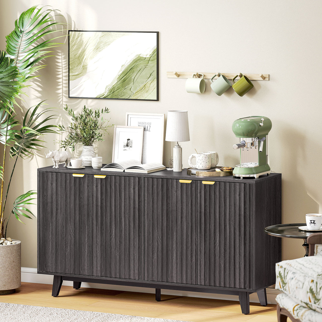 Fluted Sideboard Buffet Cabinet With 4 Doors, 2 Adjustable Shelves, 5 Wood Legs