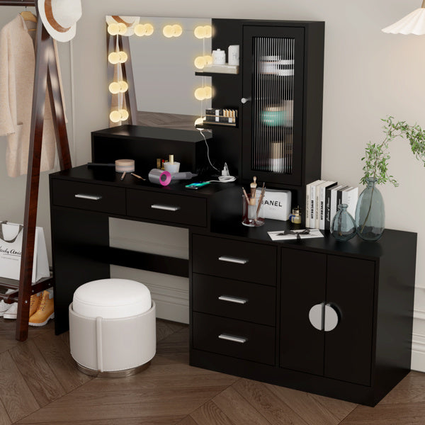 3-door, 4-drawer, Dressing Table, With Sockets, and Tri-tone Light Bulbs